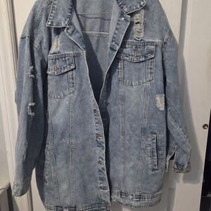 Hengsheng 4xl Oversized Distressed Light Wash Raw Edge Denim Jacket - Women